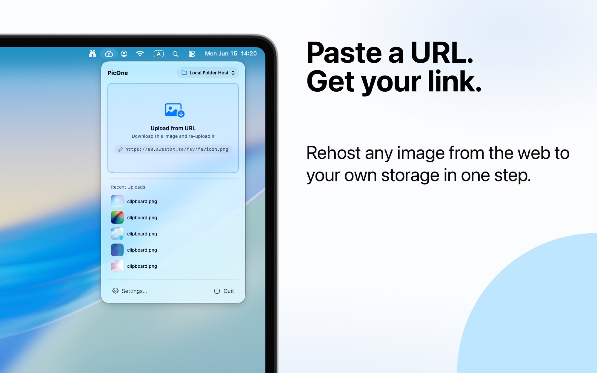 PicOne rehosting an image from a pasted URL.