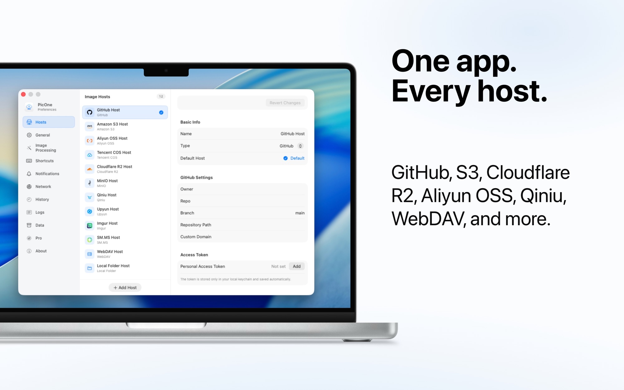 PicOne host settings, supporting GitHub, S3, R2, OSS and more.