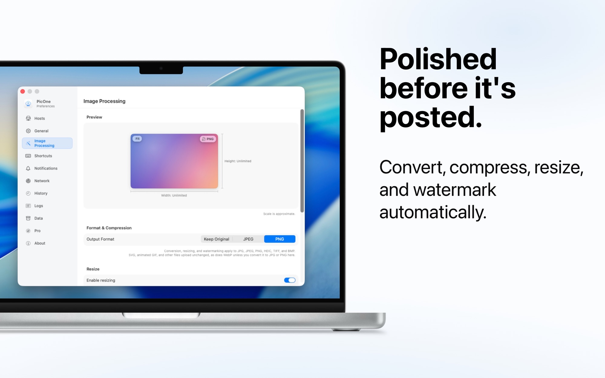 PicOne image processing: convert, compress, resize and watermark.