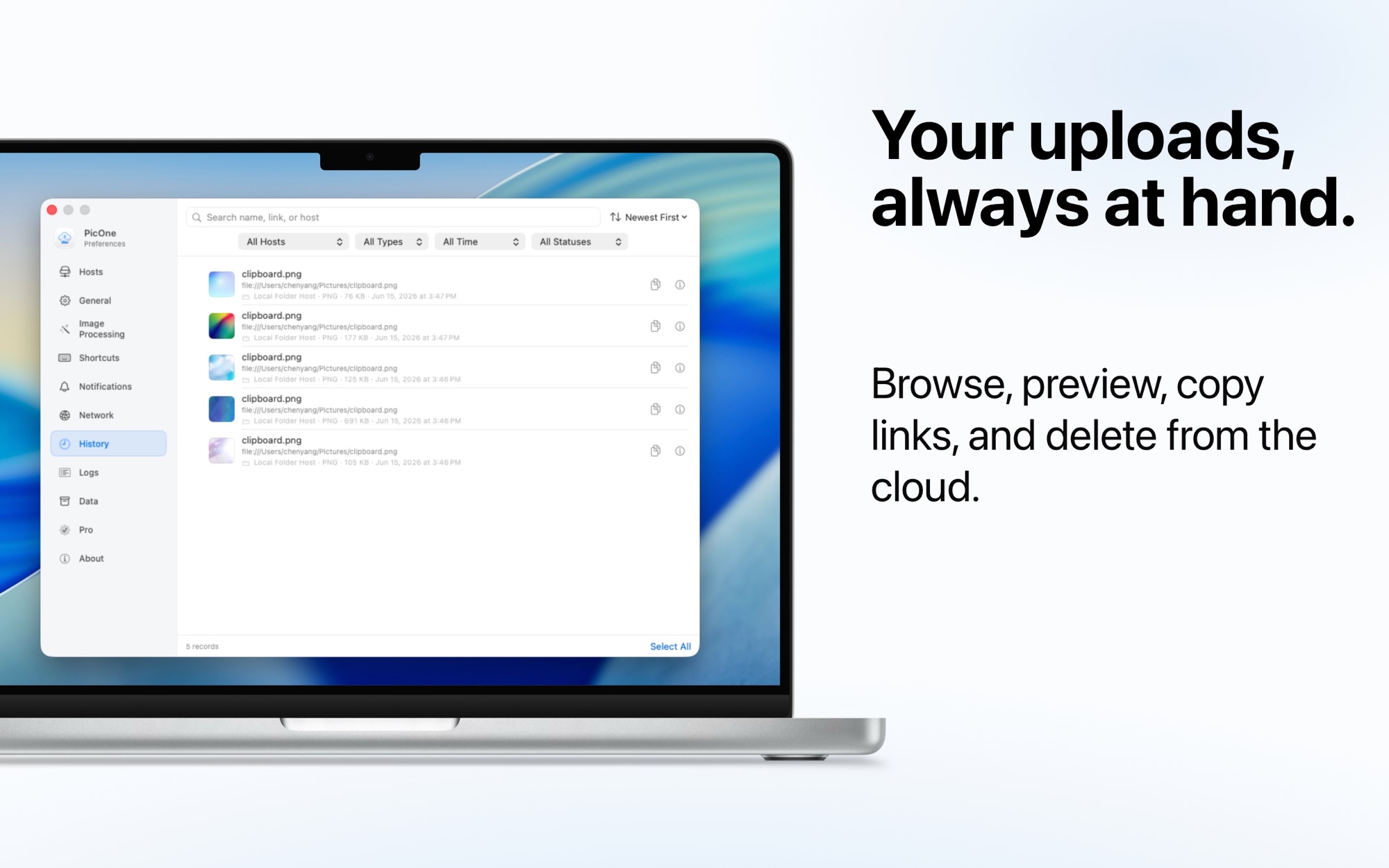 PicOne searchable upload history with thumbnails.